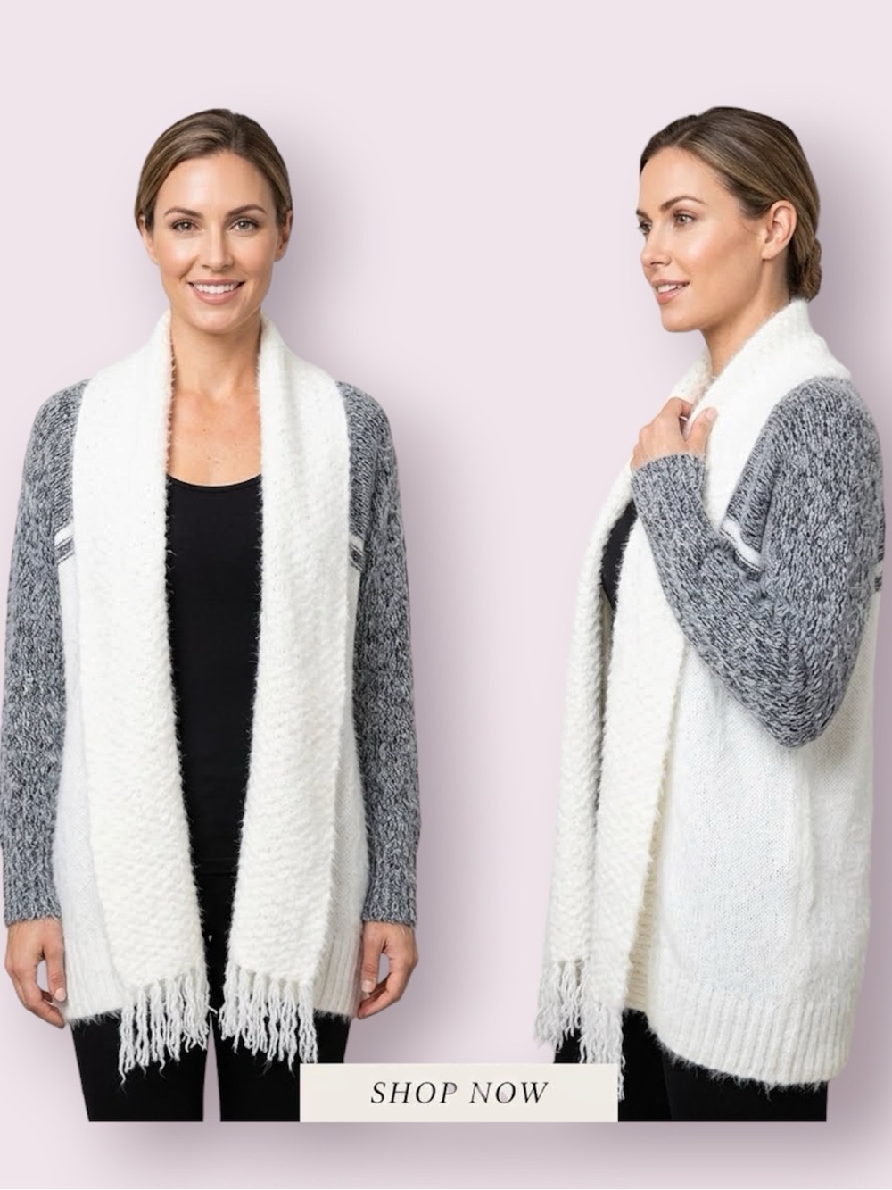 Oceanus Eyelash Knit Long Cardigan Sweater White Gray Fringes Open Front Small